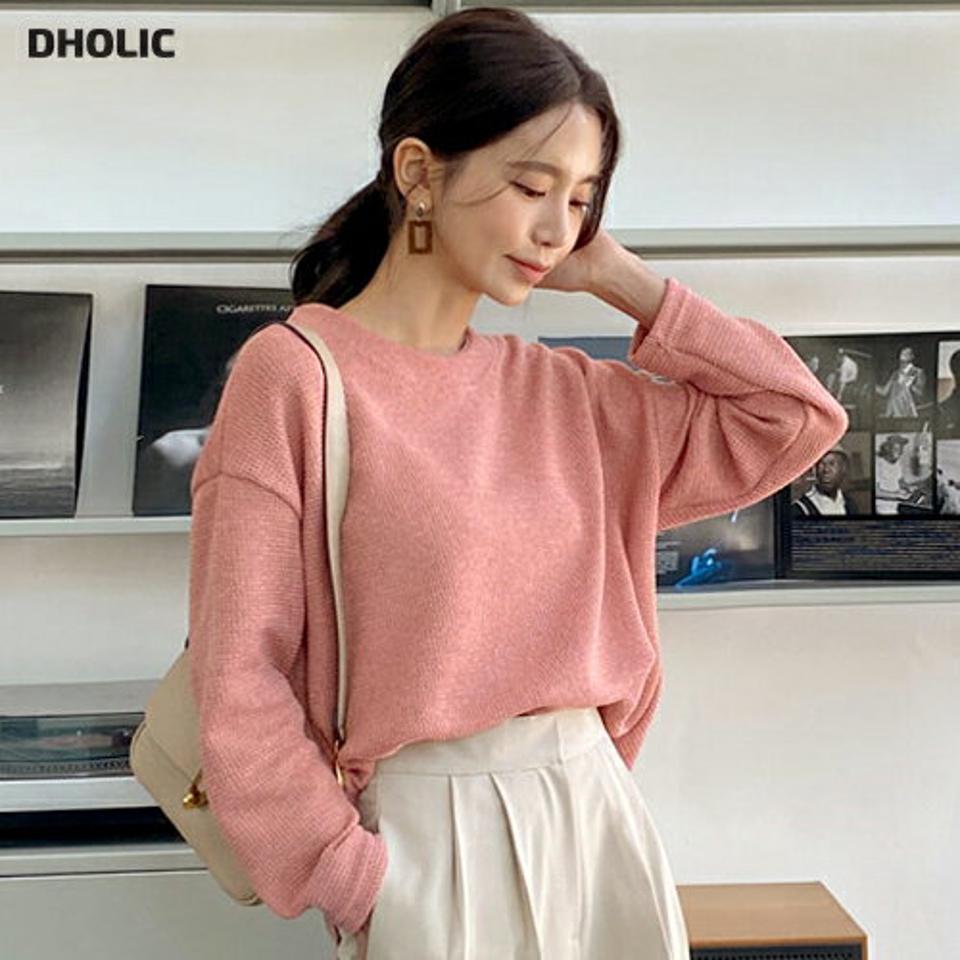 ワッフルラウンドTシャツ・全4色・t66381 レディース 【tops】韓国ファッション トップス Tシャツ 大人 長袖 ラウンドネック ワッフル ドロップショルダー ルーズ シンプル 体型カバー 細身 フェミニン カジュアル デイリー 秋 冬