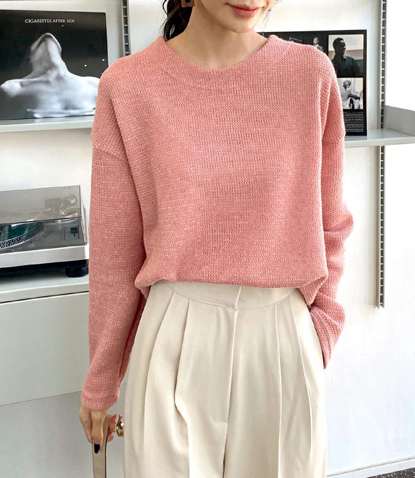 ワッフルラウンドTシャツ・全4色・t66381 レディース 【tops】韓国ファッション トップス Tシャツ 大人 長袖 ラウンドネック ワッフル ドロップショルダー ルーズ シンプル 体型カバー 細身 フェミニン カジュアル デイリー 秋 冬