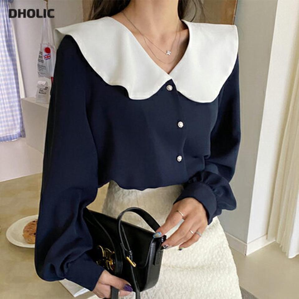 カラーネックパール調ボタンブラウス・全2色・b00130 レディース 【bl】韓国ファッション トップス ブラウス 長袖 カラーネック 襟コンシャス パール調 ボタン パフ 配色 シンプル カジュアル フェミニン 体型カバー ガーリー 春 秋 冬