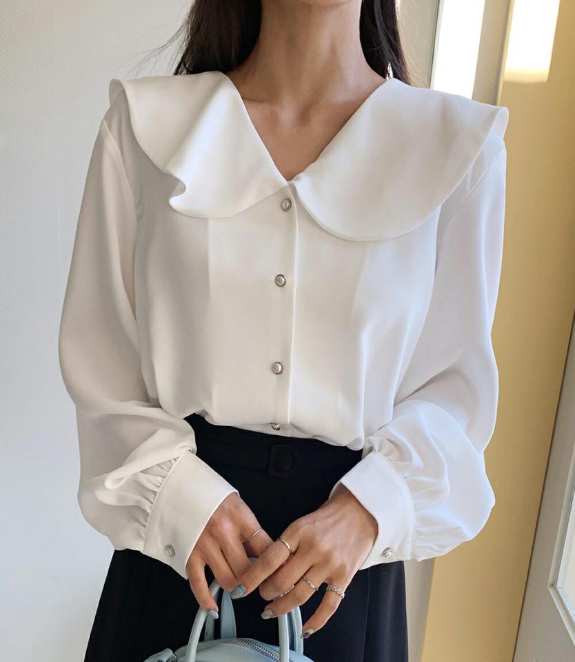 カラーネックパール調ボタンブラウス・全2色・b00130 レディース 【bl】韓国ファッション トップス ブラウス 長袖 カラーネック 襟コンシャス パール調 ボタン パフ 配色 シンプル カジュアル フェミニン 体型カバー ガーリー 春 秋 冬