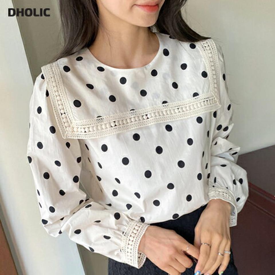 ドットスクエアレースカラーブラウス・全3色・b00154 レディース 【bl】韓国ファッション トップス ブラウス 長袖 カラーネック 襟コンシャス ドット柄 スクエアレース スリット シンプル カジュアル フェミニン ガーリー 春 秋 冬