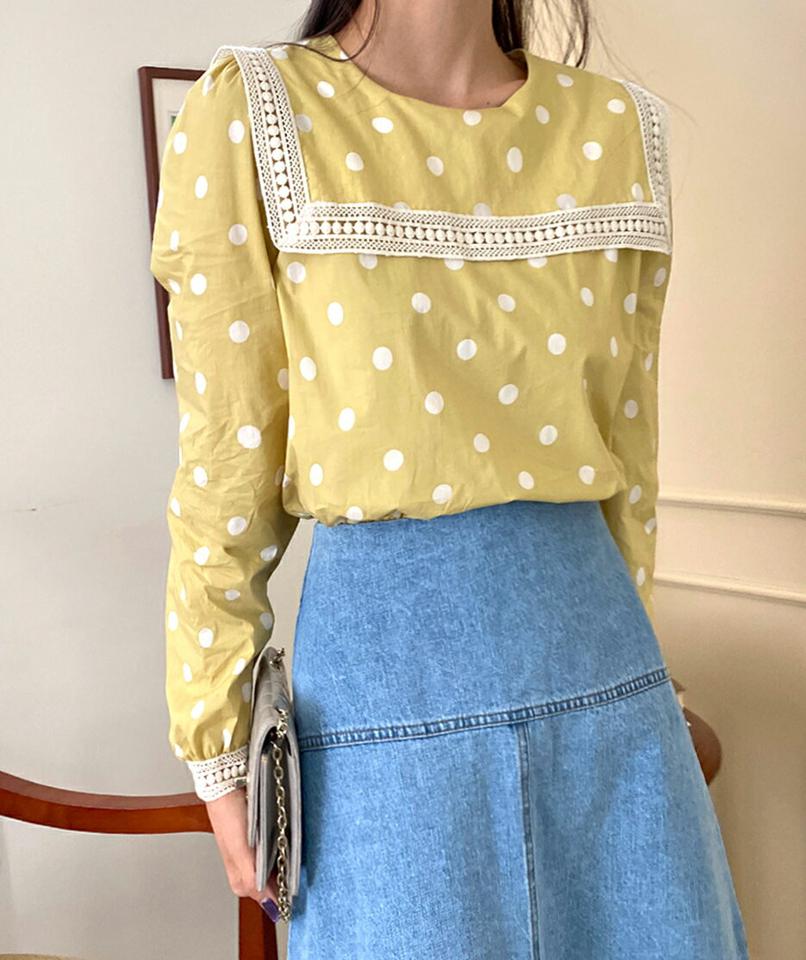 ドットスクエアレースカラーブラウス・全3色・b00154 レディース 【bl】韓国ファッション トップス ブラウス 長袖 カラーネック 襟コンシャス ドット柄 スクエアレース スリット シンプル カジュアル フェミニン ガーリー 春 秋 冬