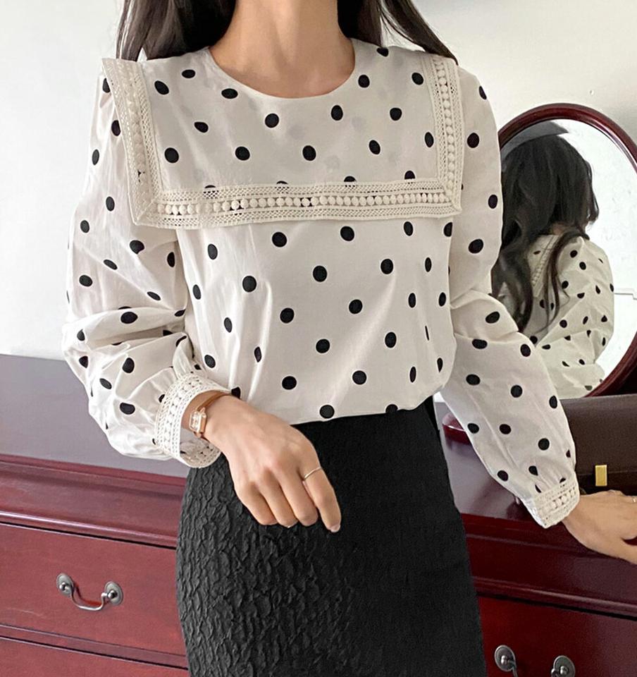 ドットスクエアレースカラーブラウス・全3色・b00154 レディース 【bl】韓国ファッション トップス ブラウス 長袖 カラーネック 襟コンシャス ドット柄 スクエアレース スリット シンプル カジュアル フェミニン ガーリー 春 秋 冬