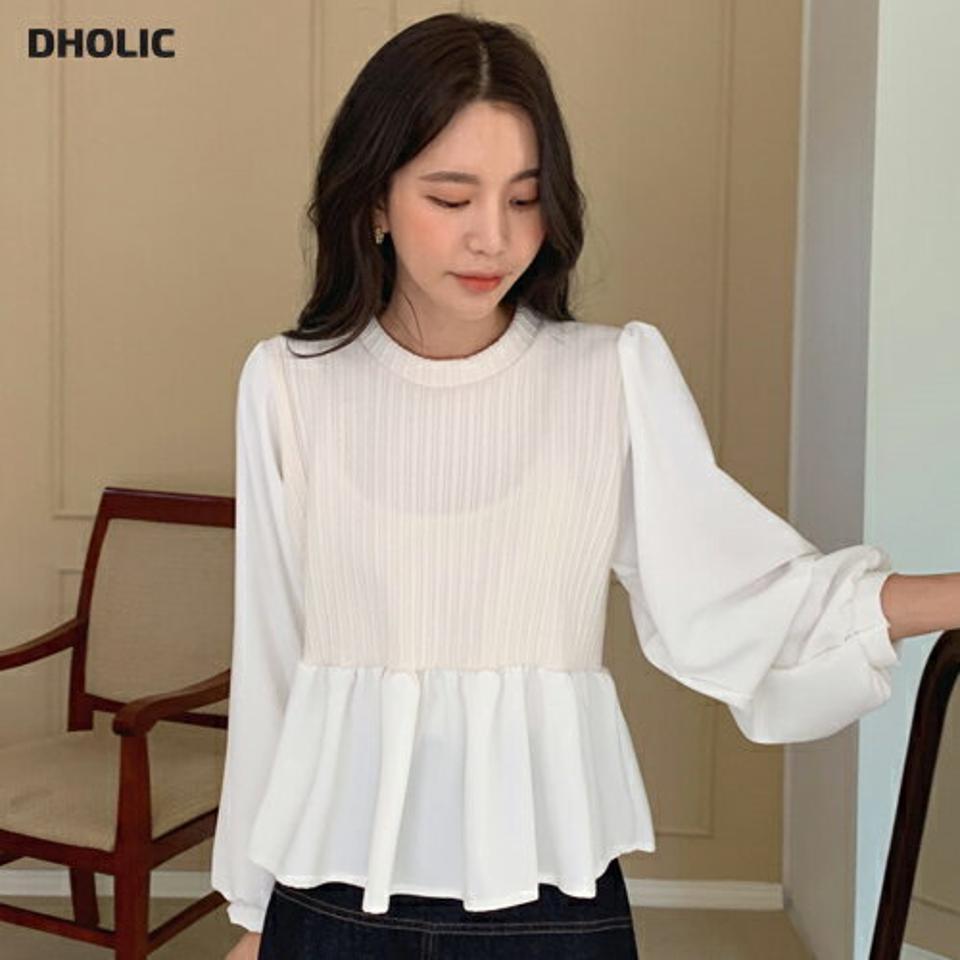 配色ニットコントラストブラウス・全3色・t00133 レディース 【bl】韓国ファッション トップス ブラウス 長袖 ラウンドネック 配色 ニットコントラスト ギャザー フレア シンプル カジュアル フェミニン 体型カバー ガーリー 春 秋 冬