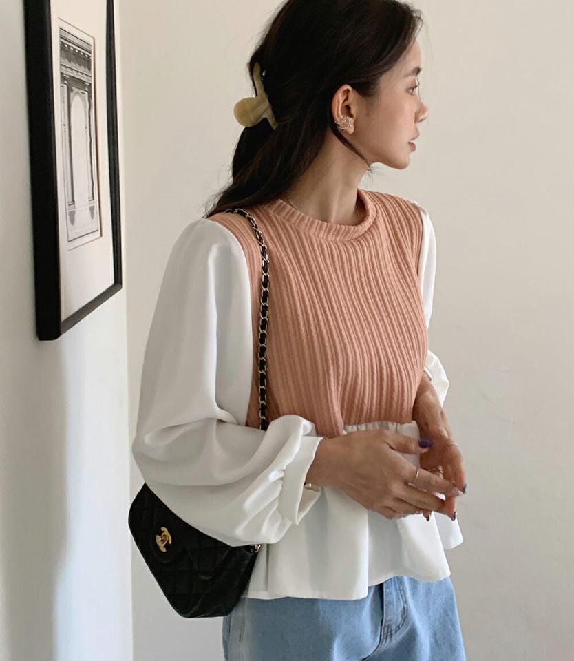 配色ニットコントラストブラウス・全3色・t00133 レディース 【bl】韓国ファッション トップス ブラウス 長袖 ラウンドネック 配色 ニットコントラスト ギャザー フレア シンプル カジュアル フェミニン 体型カバー ガーリー 春 秋 冬
