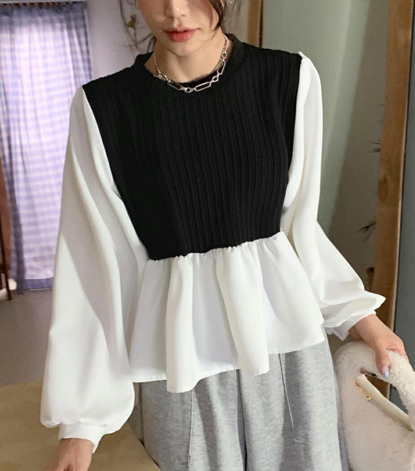 配色ニットコントラストブラウス・全3色・t00133 レディース 【bl】韓国ファッション トップス ブラウス 長袖 ラウンドネック 配色 ニットコントラスト ギャザー フレア シンプル カジュアル フェミニン 体型カバー ガーリー 春 秋 冬