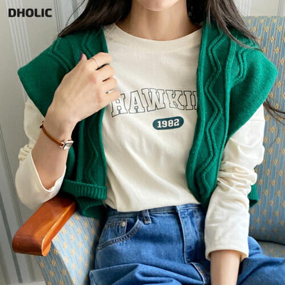 HAWKINSロゴTシャツ・全4色・t00134 レディース 【tops】韓国ファッション トップス Tシャツ 大人 長袖 ラウンドネック レタリング 英字 ロゴ ドロップショルダー ルーズ シンプル 体型カバー 細身 フェミニン カジュアル デイリー 秋 冬