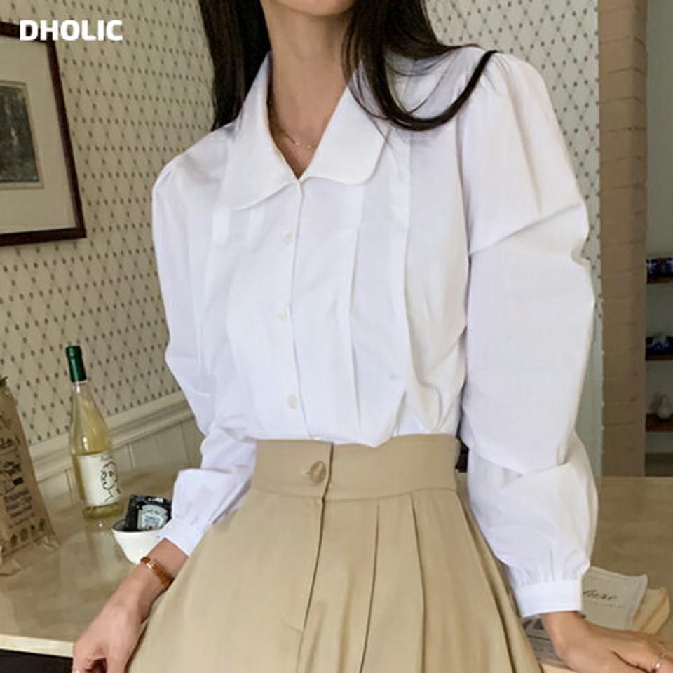 ピンタックラウンドカラーブラウス・全3色・t00136 レディース 【bl】韓国ファッション トップス ブラウス 長袖 ラウンドカラー 襟コンシャス ピンタック ギャザー パフ シンプル カジュアル フェミニン 体型カバー ガーリー 春 秋 冬