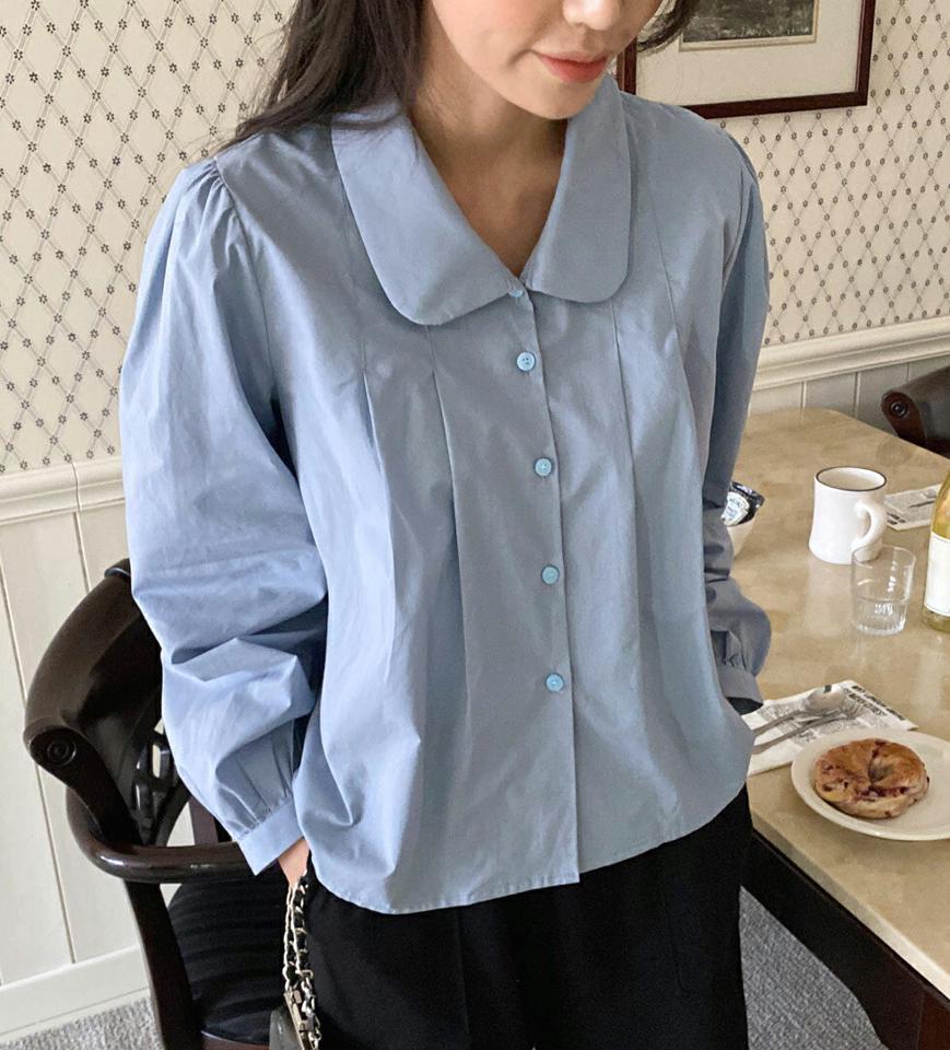 ピンタックラウンドカラーブラウス・全3色・t00136 レディース 【bl】韓国ファッション トップス ブラウス 長袖 ラウンドカラー 襟コンシャス ピンタック ギャザー パフ シンプル カジュアル フェミニン 体型カバー ガーリー 春 秋 冬