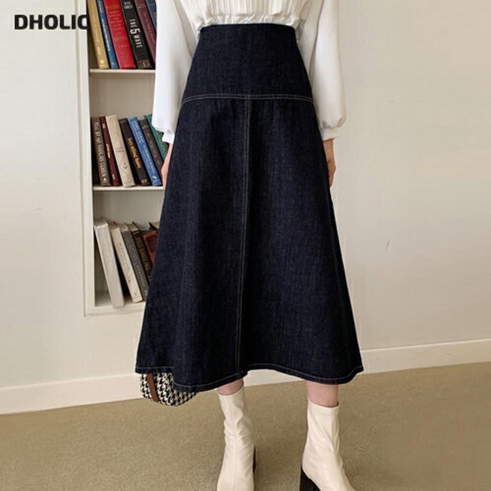 ステッチフレアデニムスカート・全2色・t00139 レディース 【sk】韓国ファッション ボトムス スカート ロング ロングスカート ステッチ フレア デニムスカート Aライン ロング丈 シンプル 細身 大人 カジュアル フェミニン 秋 冬