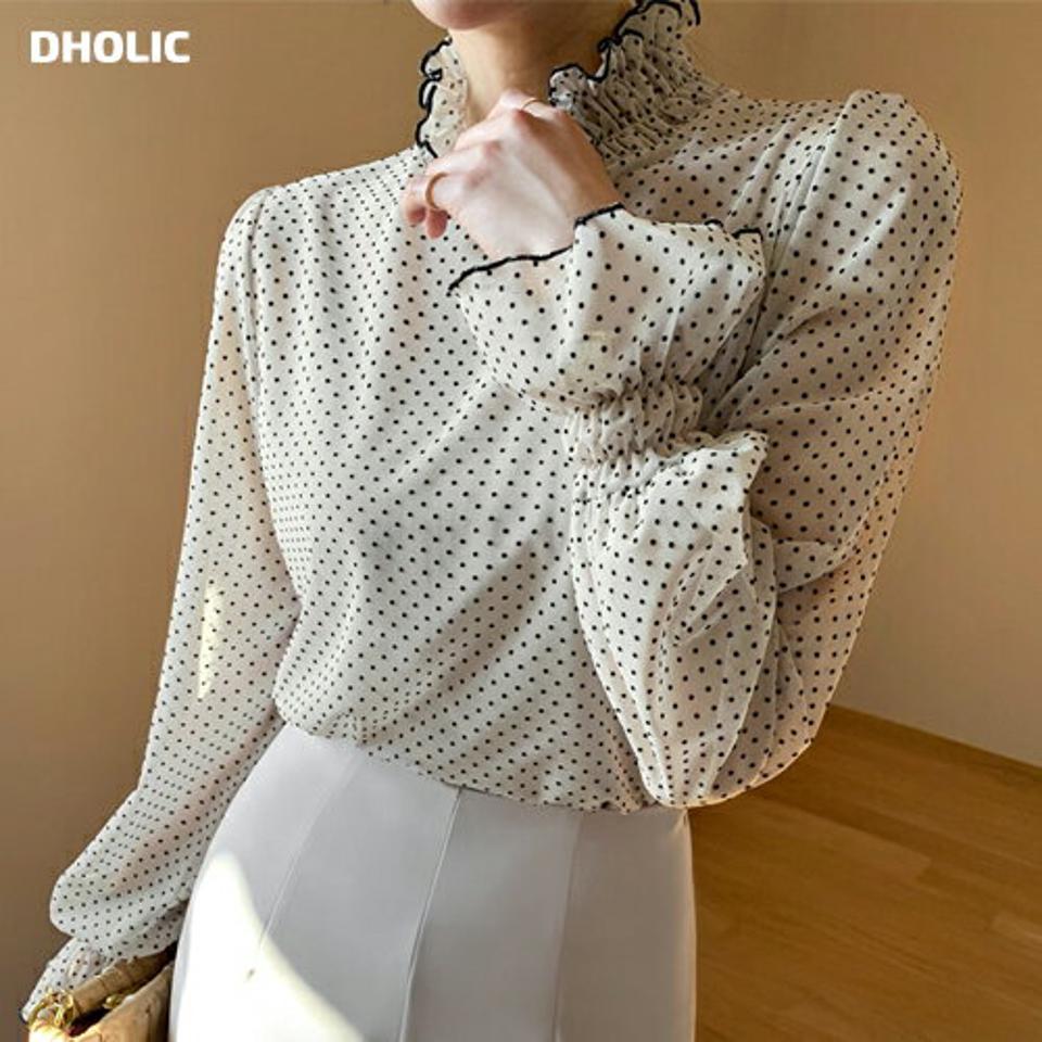 シースルードットフリルブラウス・全5色・b71577 レディース 【bl】トップス ブラウス 長袖 ドット柄 シースルー シアー 透け感 フリルネック ガーリー 大人 かわいい 可愛い 襟コン 袖コン 春 秋 冬 韓国ファッション ハイホリHIHOLLI