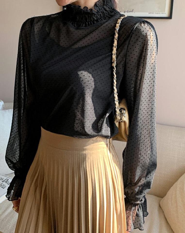 シースルードットフリルブラウス・全5色・b71577 レディース 【bl】トップス ブラウス 長袖 ドット柄 シースルー シアー 透け感 フリルネック ガーリー 大人 かわいい 可愛い 襟コン 袖コン 春 秋 冬 韓国ファッション ハイホリHIHOLLI