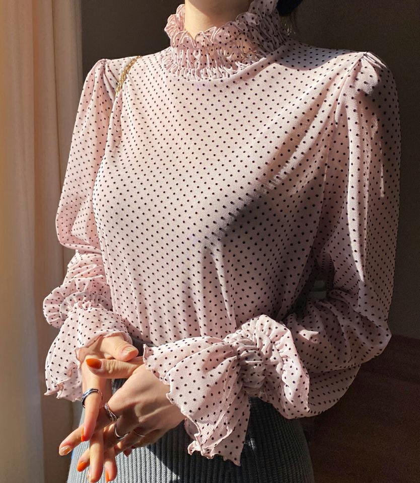 シースルードットフリルブラウス・全5色・b71577 レディース 【bl】トップス ブラウス 長袖 ドット柄 シースルー シアー 透け感 フリルネック ガーリー 大人 かわいい 可愛い 襟コン 袖コン 春 秋 冬 韓国ファッション ハイホリHIHOLLI