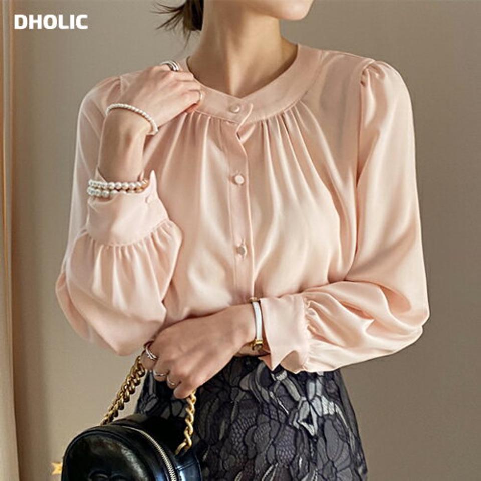 2WAYギャザーブラウス・全4色・b71579 レディース 【bl】トップス ブラウス 長袖 前後着用自由 単色 無地 シンプル 大人 くるみボタン ラウンドネック ピンク パステル フェミニン オフィスカジュアル 春 秋 冬 韓国ファッション ハイホリHIHOLLI