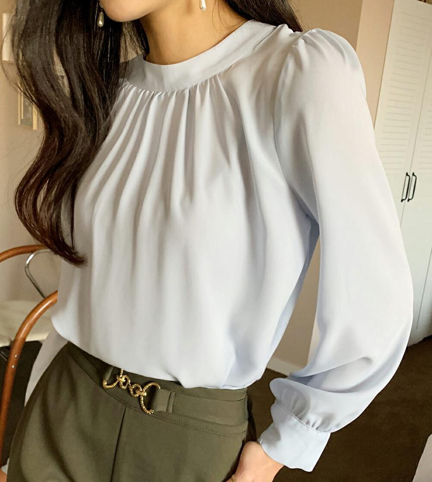 2WAYギャザーブラウス・全4色・b71579 レディース 【bl】トップス ブラウス 長袖 前後着用自由 単色 無地 シンプル 大人 くるみボタン ラウンドネック ピンク パステル フェミニン オフィスカジュアル 春 秋 冬 韓国ファッション ハイホリHIHOLLI