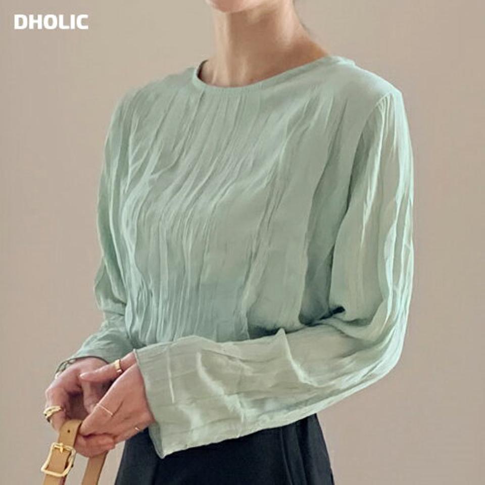 シースルーリンクルブラウス・全6色・t71580 レディース 【bl】トップス ブラウス 長袖 リンクル 透け感 シアー フェミニン ユニーク シンプル 単色 大人 ラウンドネック パステル くすみ 春 秋 冬 韓国ファッション ハイホリHIHOLLI