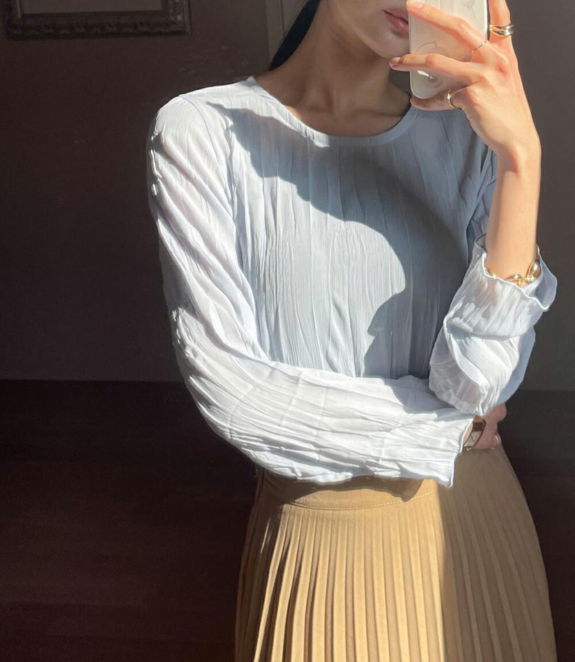 シースルーリンクルブラウス・全6色・t71580 レディース 【bl】トップス ブラウス 長袖 リンクル 透け感 シアー フェミニン ユニーク シンプル 単色 大人 ラウンドネック パステル くすみ 春 秋 冬 韓国ファッション ハイホリHIHOLLI