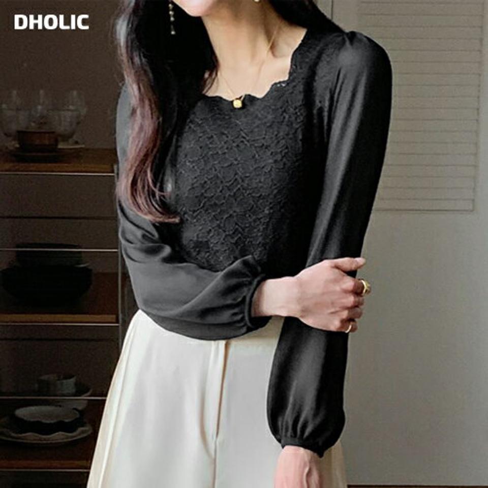 スカラップレースブラウス・全3色・t71581 レディース 【bl】トップス ブラウス 長袖 レース フェミニン スカラップ 単色 大人 きれいめ デコルテ 鎖骨 スクエアネック 春 秋 韓国ファッション ハイホリHIHOLLI