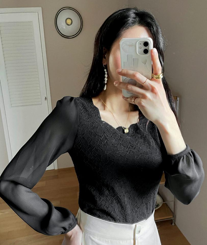 スカラップレースブラウス・全3色・t71581 レディース 【bl】トップス ブラウス 長袖 レース フェミニン スカラップ 単色 大人 きれいめ デコルテ 鎖骨 スクエアネック 春 秋 韓国ファッション ハイホリHIHOLLI