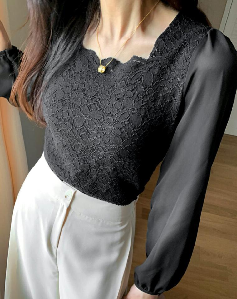 スカラップレースブラウス・全3色・t71581 レディース 【bl】トップス ブラウス 長袖 レース フェミニン スカラップ 単色 大人 きれいめ デコルテ 鎖骨 スクエアネック 春 秋 韓国ファッション ハイホリHIHOLLI