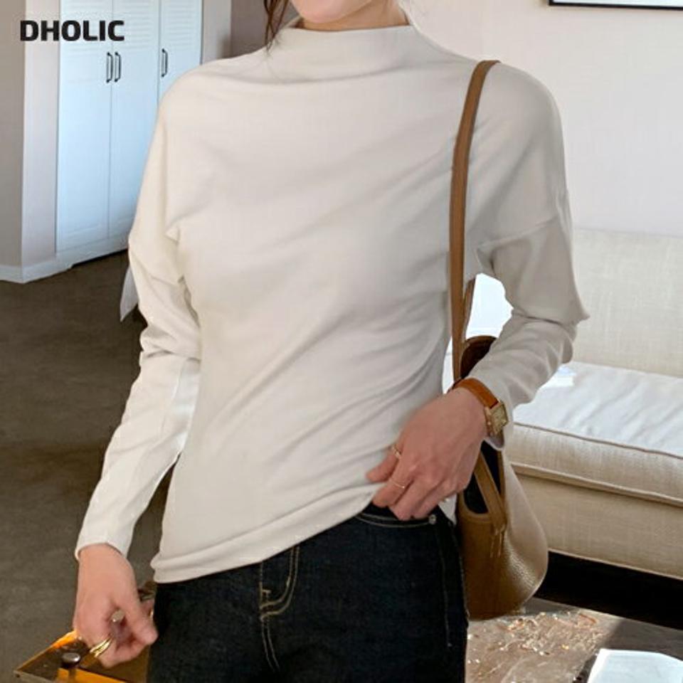 2WAYアシメへムTシャツ・全4色・b71584 レディース 【tops】トップス Tシャツ 長袖 アシンメトリー アンバランス 前後着用自由 単色 無地 シンプル 大人 モダン ハーフネック 春 秋 韓国ファッション ハイホリHIHOLLI