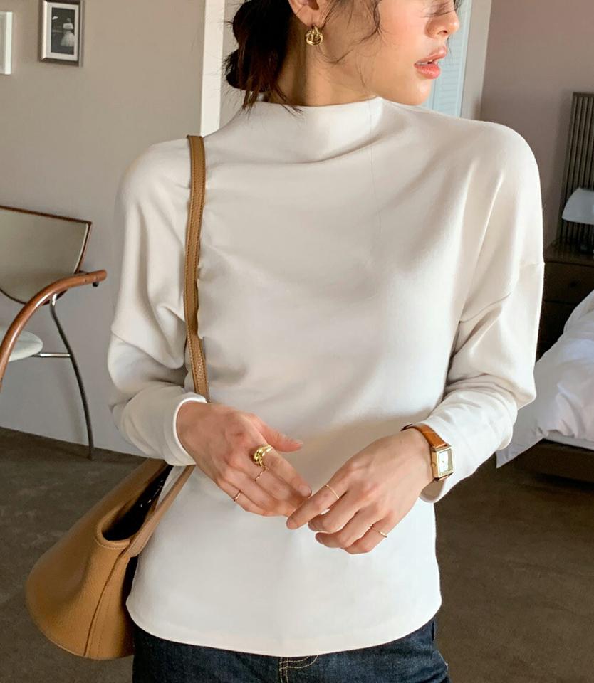 2WAYアシメへムTシャツ・全4色・b71584 レディース 【tops】トップス Tシャツ 長袖 アシンメトリー アンバランス 前後着用自由 単色 無地 シンプル 大人 モダン ハーフネック 春 秋 韓国ファッション ハイホリHIHOLLI
