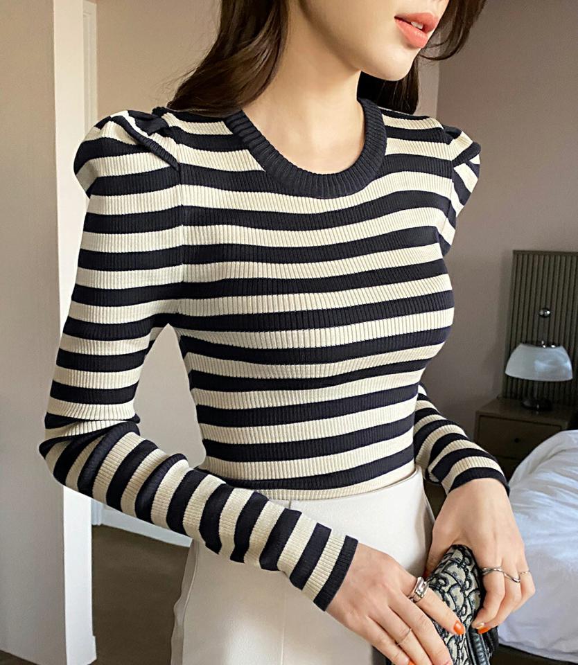 ≪人気商品再入荷≫2TYPEパフニット・全4色・b71586 レディース 【tops】トップス ニット 長袖 ボーダー柄 単色 無地 シンプル ユニーク パフショルダー リブ かわいい 可愛い 春 秋 冬 韓国ファッション ハイホリHIHOLLI
