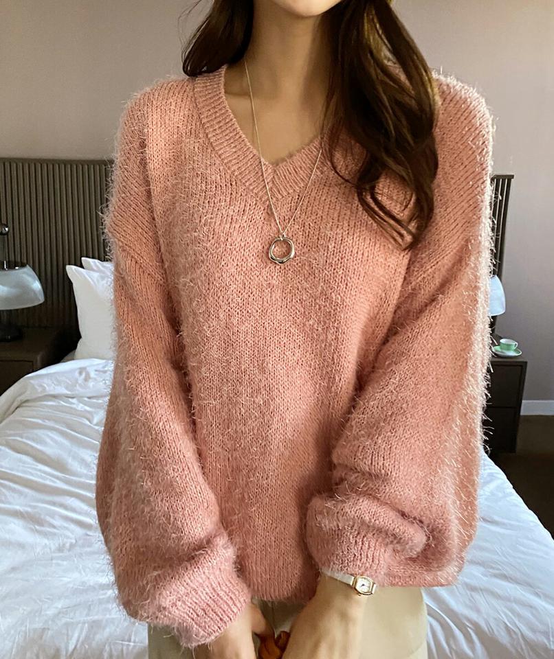 Vネックモヘア風ニット・全5色・t71587 レディース 【tops】トップス ニット 長袖 モヘアニット Vネック 単色 無地 シンプル デコルテ かわいい ラフ カジュアル ゆったり 秋 冬 韓国ファッション ハイホリHIHOLLI