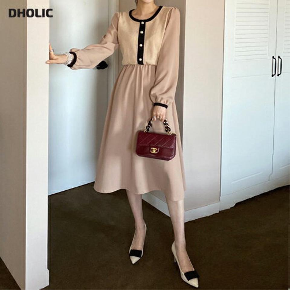 フェイクパールリボンワンピース・全2色・t71590 レディース 【ops】ワンピース ロング丈 ロングワンピース 長袖 配色 パールボタン 大人 きれいめ 上品 フェミニン ワッフル生地 ラウンドネック 春 秋 冬 韓国ファッション ハイホリHIHOLLI