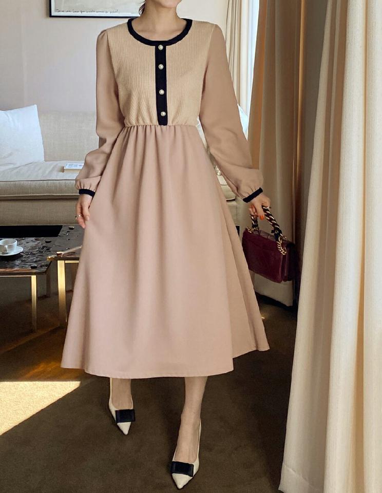 フェイクパールリボンワンピース・全2色・t71590 レディース 【ops】ワンピース ロング丈 ロングワンピース 長袖 配色 パールボタン 大人 きれいめ 上品 フェミニン ワッフル生地 ラウンドネック 春 秋 冬 韓国ファッション ハイホリHIHOLLI