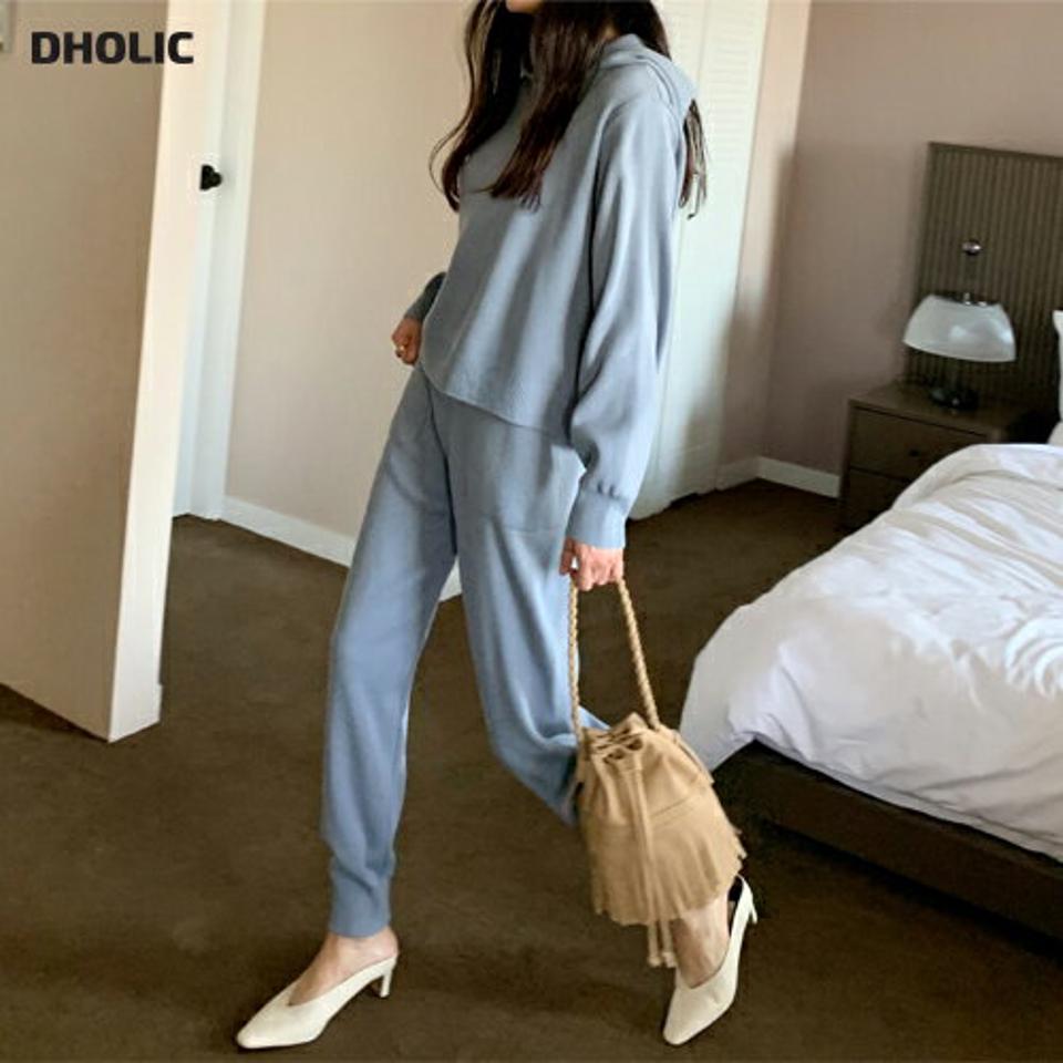 フードニット&ジョガーパンツSET・全3色・b71597 レディース 【pt】セットアップ setup トップス　ニット パーカー フーディー 長袖 パンツ ズボン ジョガー 単色 無地 シンプル ラフ カラーニット 春 秋 冬 韓国ファッション ハイホリHIHOLLI