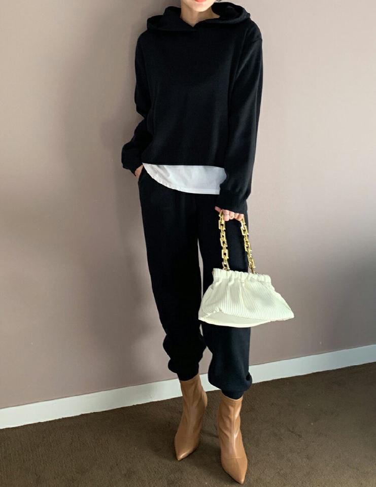 フードニット&ジョガーパンツSET・全3色・b71597 レディース 【pt】セットアップ setup トップス　ニット パーカー フーディー 長袖 パンツ ズボン ジョガー 単色 無地 シンプル ラフ カラーニット 春 秋 冬 韓国ファッション ハイホリHIHOLLI