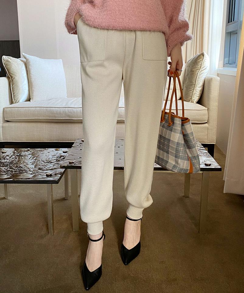 ニットジョガーパンツ・全3色・b71596 レディース 【pt】パンツ ズボン ニットパンツ ジョガー ロングパンツ 長ズボン ポケット 単色 無地 シンプル 大人 ラフ カジュアル リブ ウエストゴム 春 秋 冬 韓国ファッション ハイホリHIHOLLI