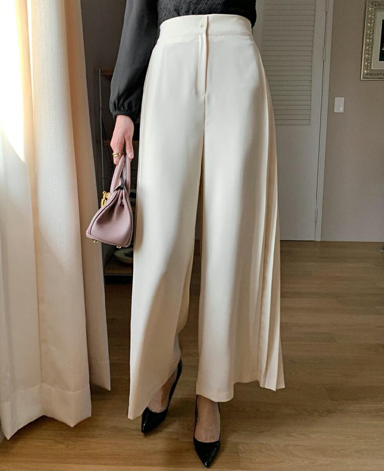 サイドプリーツスラックス・全2色・b71601 レディース 【pt】パンツ ズボン ロングパンツ スラックス プリーツ フェミニン 大人 きれいめ 単色 無地 シンプル かわいい 可愛い ハイウエスト 春 秋 冬 韓国ファッション ハイホリHIHOLLI