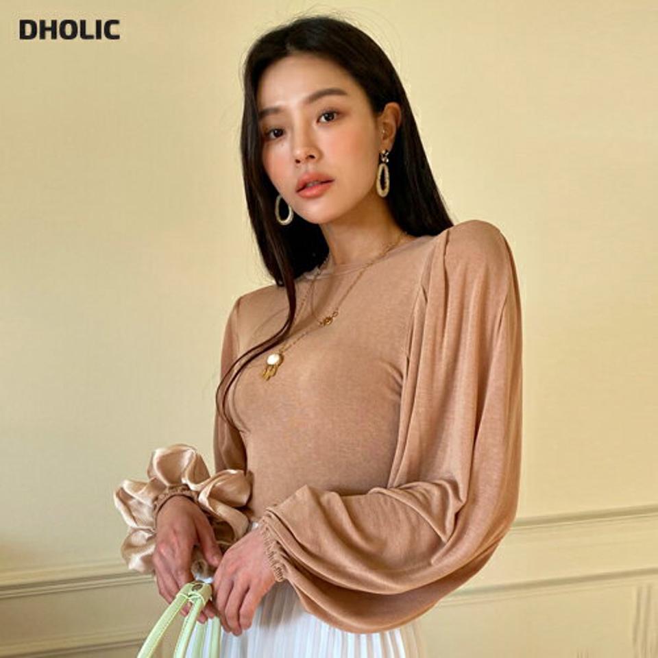 肩パッドパフスリーブTシャツ・全3色・t00131 レディース 【tops】トップス Tシャツ 長袖 パフスリーブ パフ袖 袖コン 単色 無地 シンプル 大人 ラウンドネック 春 秋 冬 韓国ファッション ハイホリHIHOLLI