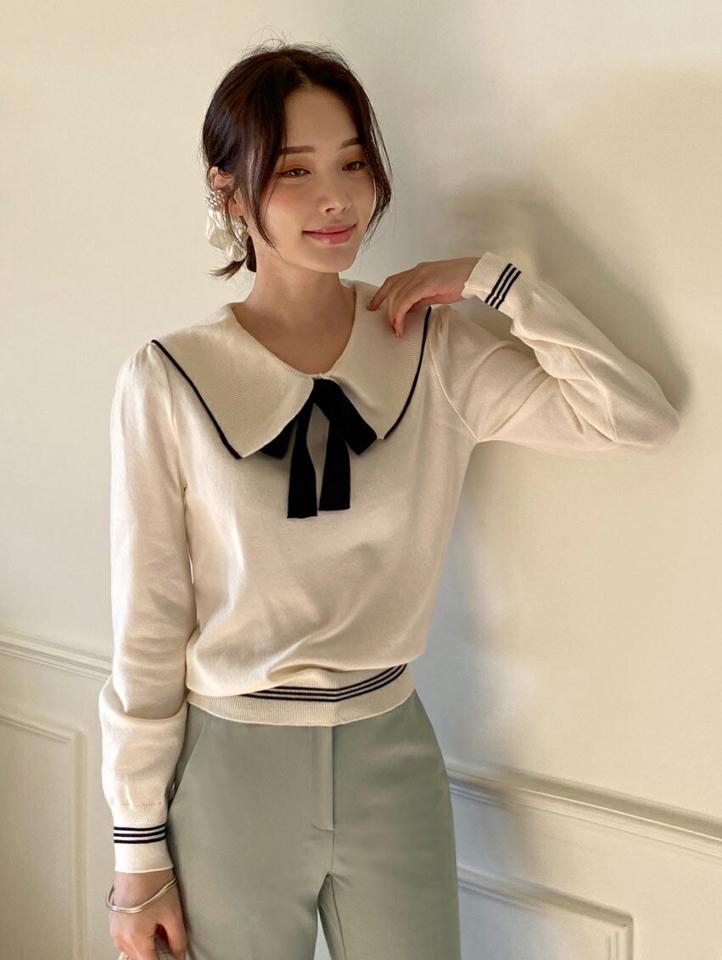 配色リボンカラーニット・全2色・b00129 レディース 【tops】トップス ニット 長袖 りぼん 襟コン 配色 大人 かわいい 可愛い ガーリー 春 秋 冬 韓国ファッション ハイホリHIHOLLI