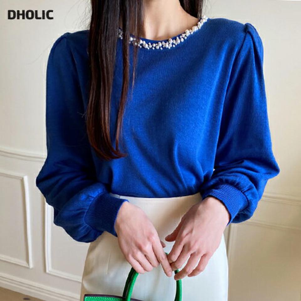 フェイクパールネックニット・全5色・b00124 レディース 【tops】トップス ニット 長袖 パールネック フェミニン 大人 きれいめ パフスリーブ パフ袖 春 秋 冬 高見え カラーニット プルオーバー 青 韓国ファッション ハイホリHIHOLLI 年上