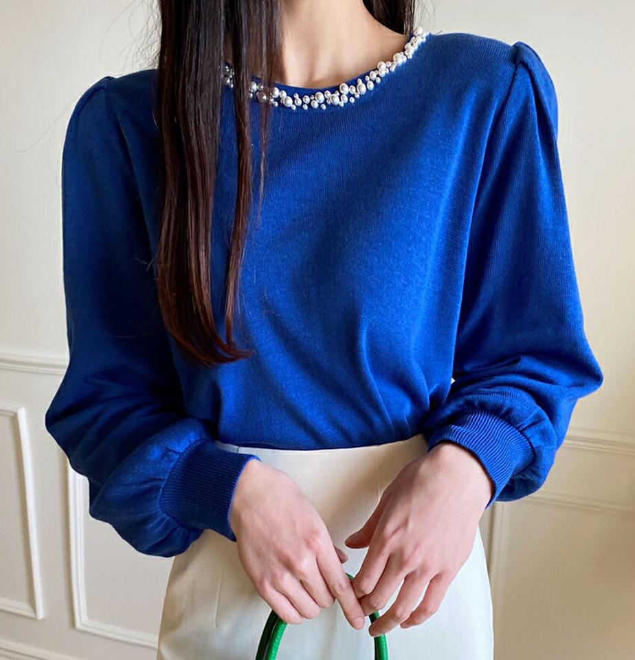 フェイクパールネックニット・全5色・b00124 レディース 【tops】トップス ニット 長袖 パールネック フェミニン 大人 きれいめ パフスリーブ パフ袖 春 秋 冬 高見え カラーニット プルオーバー 青 韓国ファッション ハイホリHIHOLLI 年上