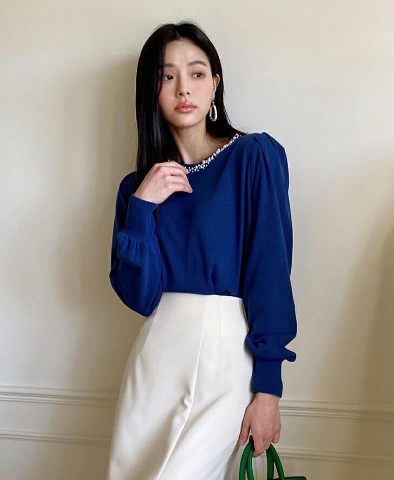 フェイクパールネックニット・全5色・b00124 レディース 【tops】トップス ニット 長袖 パールネック フェミニン 大人 きれいめ パフスリーブ パフ袖 春 秋 冬 高見え カラーニット プルオーバー 青 韓国ファッション ハイホリHIHOLLI 年上