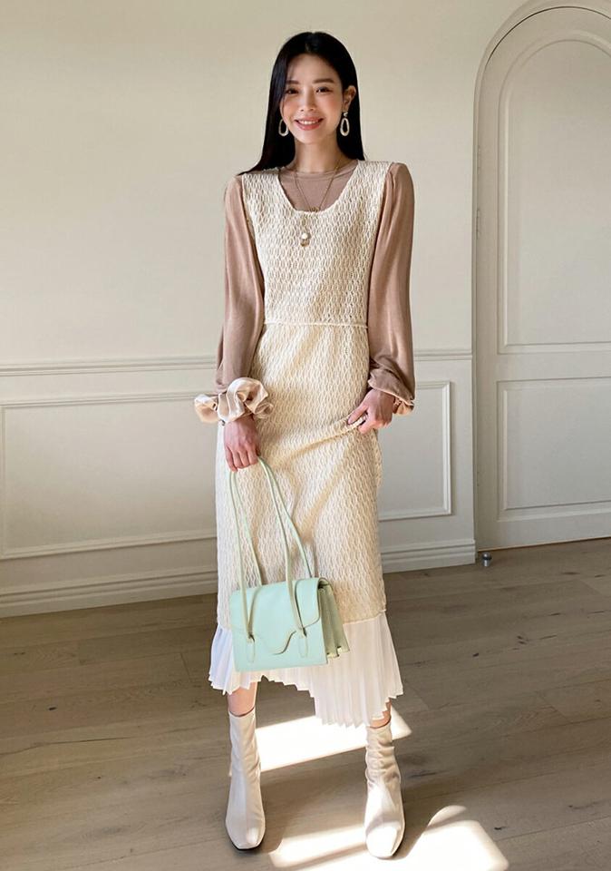 メッシュバックスリットロングワンピース・全2色・t00162 レディース 【ops】ワンピース ロング丈 ロングワンピース スリーブレス ノースリーブ スリット メッシュ カジュアル レイヤード Iライン 春 秋 韓国ファッション ハイホリHIHOLLI