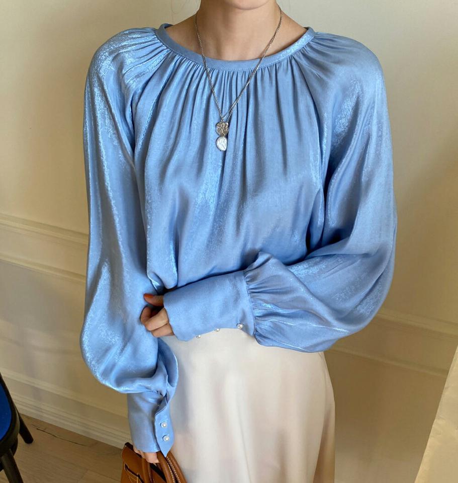 2WAYサテンストラップブラウス・全3色・b00137 レディース 【bl】トップス ブラウス 長袖 ストラップ サテン 前後着用自由 単色 フェミニン 上品 大人 光沢感 ギャザー ラグランスリーブ パールボタン 春 秋 冬 韓国ファッション ハイホリHIHOLLI