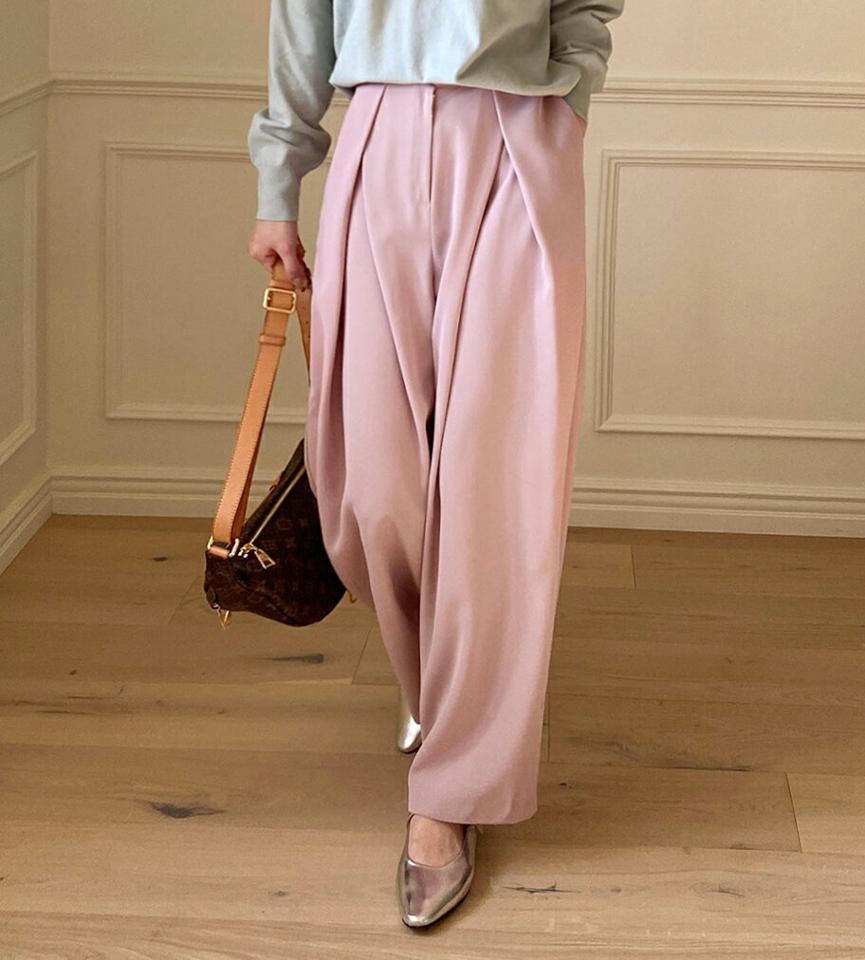 ディープタックワイドスラックス・全4色・t00152 レディース 【pt】スラックス パンツ ズボン ロングパンツ 長ズボン ワイドパンツ タック 単色 無地 カラーパンツ シンプル 大人 カジュアル パステル ピンク 春 秋 冬 韓国ファッション ハイホリHIHOLLI