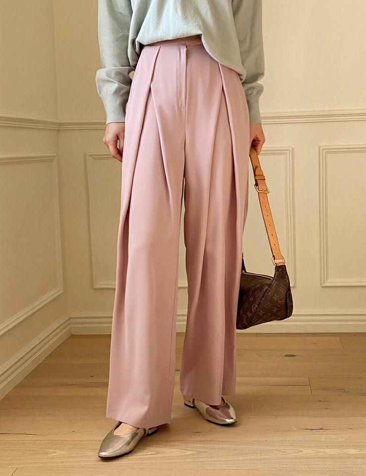 ディープタックワイドスラックス・全4色・t00152 レディース 【pt】スラックス パンツ ズボン ロングパンツ 長ズボン ワイドパンツ タック 単色 無地 カラーパンツ シンプル 大人 カジュアル パステル ピンク 春 秋 冬 韓国ファッション ハイホリHIHOLLI