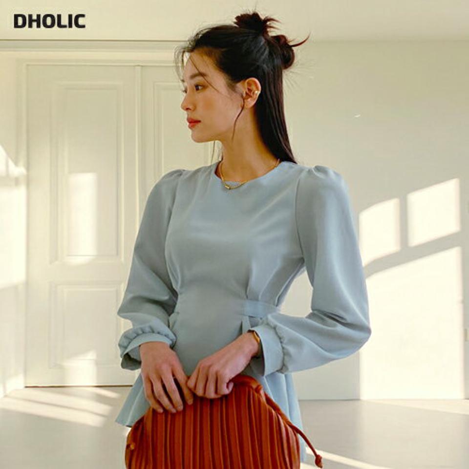 リボンパフブラウス・全4色・t00138 レディース 【bl】トップス ブラウス 長袖 パフスリーブ パフ袖 りぼん 単色 無地 シンプル フェミニン 上品 大人 ウエストマーク ラウンドネック ギャザー パステル 春 秋 冬 韓国ファッション ハイホリHIHOLLI