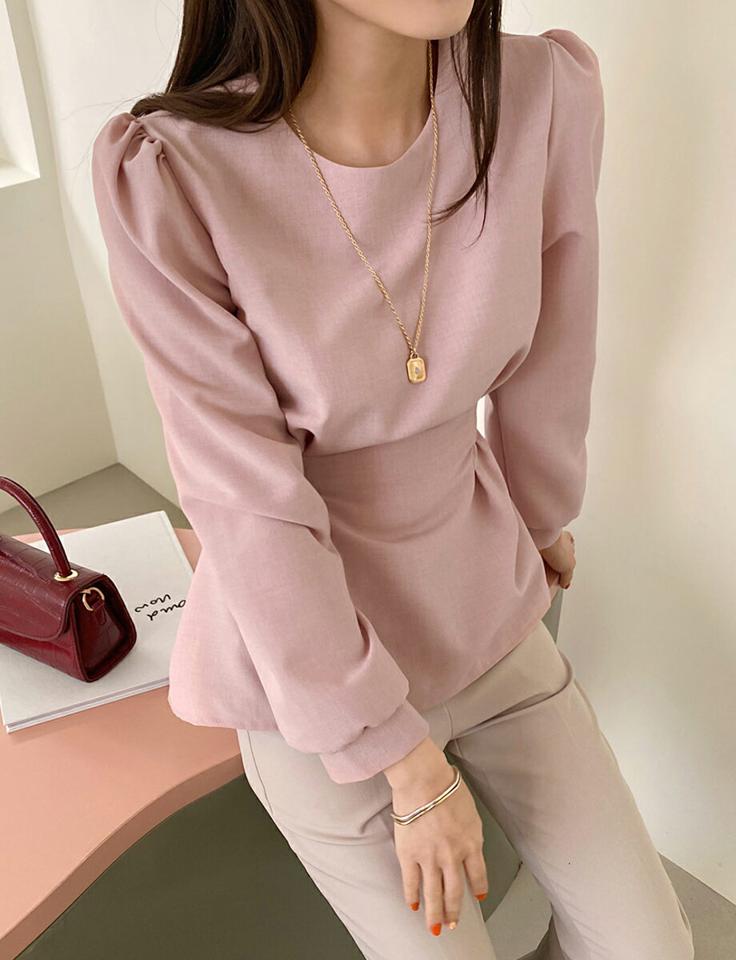 リボンパフブラウス・全4色・t00138 レディース 【bl】トップス ブラウス 長袖 パフスリーブ パフ袖 りぼん 単色 無地 シンプル フェミニン 上品 大人 ウエストマーク ラウンドネック ギャザー パステル 春 秋 冬 韓国ファッション ハイホリHIHOLLI