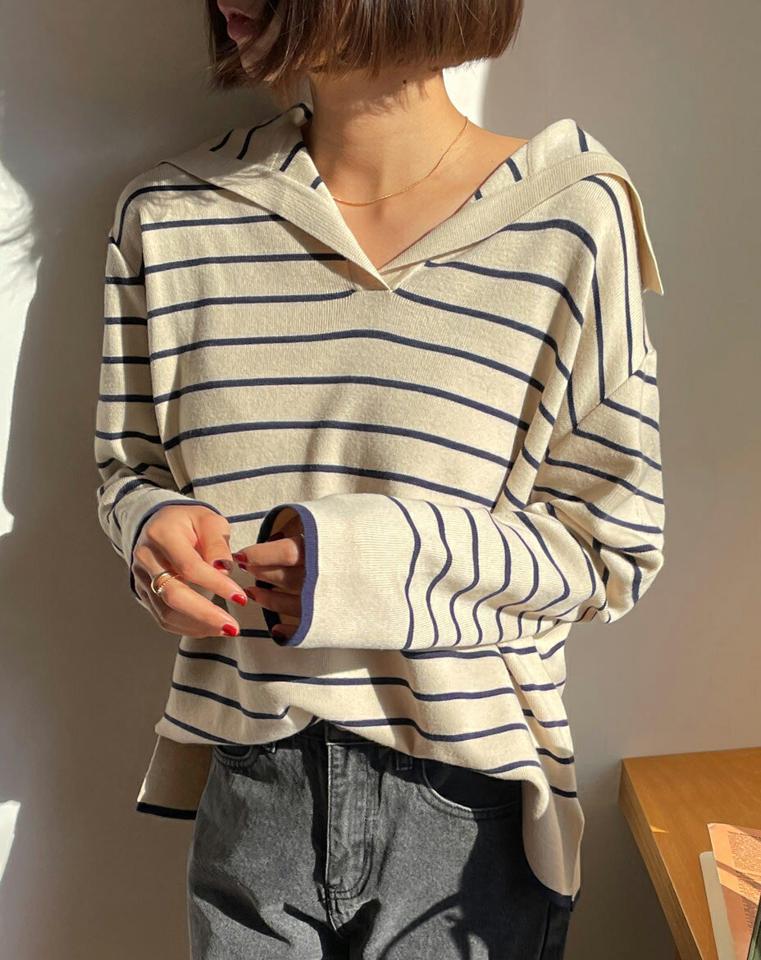 ボーダーカラーネックニット・全3色・b66602 レディース 【tops】トップス ニット 長袖 ボーダー柄 襟コン カジュアル ラフ 大人 ニットトップス セーラーカラー かわいい 春 秋 冬 韓国ファッション