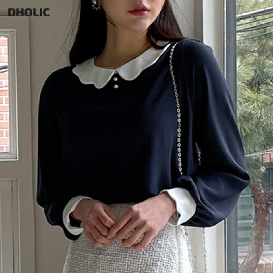 配色フェイクパールブラウス・全3色・t02013 レディース 【bl】トップス ブラウス 長袖 パール 襟コン かわいい 可愛い ガーリー フェミニン スカラップ パフ袖 パフスリーブ 大人 春 秋 冬 韓国ファッション NIJU