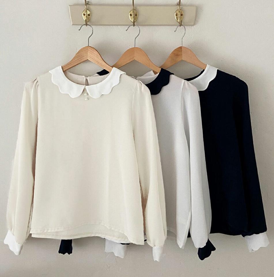 配色フェイクパールブラウス・全3色・t02013 レディース 【bl】トップス ブラウス 長袖 パール 襟コン かわいい 可愛い ガーリー フェミニン スカラップ パフ袖 パフスリーブ 大人 春 秋 冬 韓国ファッション NIJU