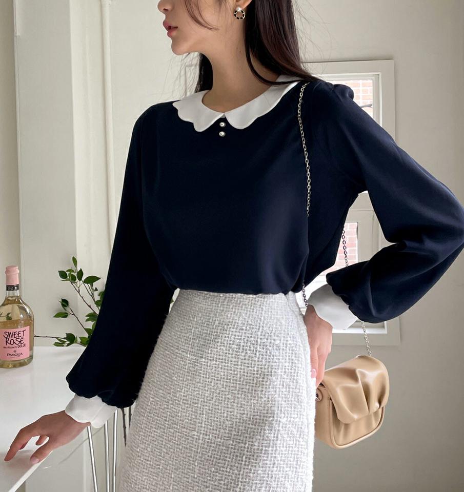 配色フェイクパールブラウス・全3色・t02013 レディース 【bl】トップス ブラウス 長袖 パール 襟コン かわいい 可愛い ガーリー フェミニン スカラップ パフ袖 パフスリーブ 大人 春 秋 冬 韓国ファッション NIJU