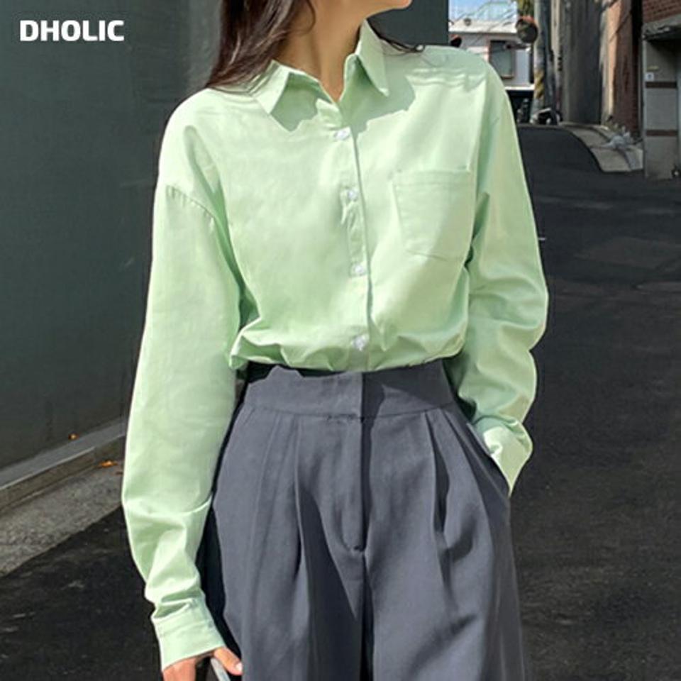 アンバランスポケットシャツ・全7色・t01991 レディース 【bl】トップス シャツ 長袖 単色 無地 シンプル 大人 ベーシック きれいめ ドロップショルダー カラーアイテム パステル オフィスカジュアル 水色 春 秋 冬 韓国ファッション NIJU